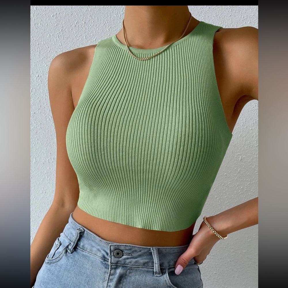 Solid Ribbed Knit Tank Crop Top